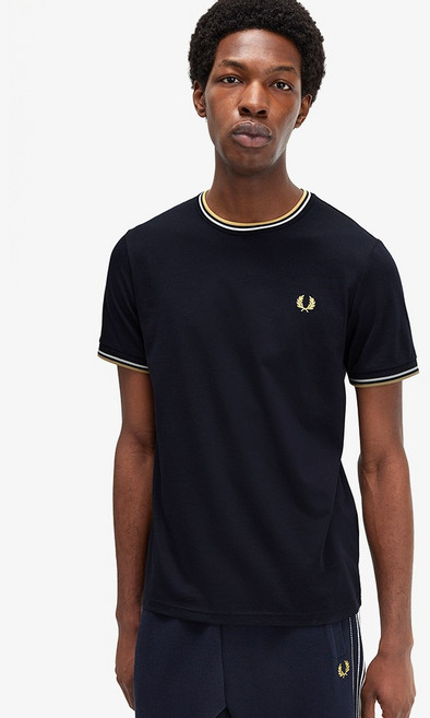 FRED PERRY M1588 雙邊羅紋短袖T恤, Navy + Ecru + Honeycomb