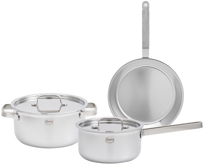 스테니 인덕션 무연마제 통5중 스테인리스 프라이팬 냄비 3종 세트, 스텐팬 24cm + 스텐 편수냄비 16cm + 양수냄비 20cm, 1세트