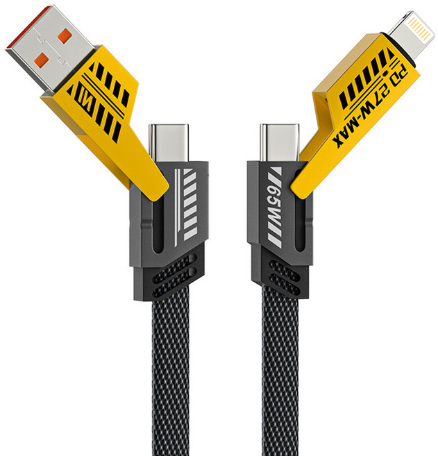 라이노핏 4 in 1 고속충전 플랫 케이블 65W, 1개, 옐로우, 1m