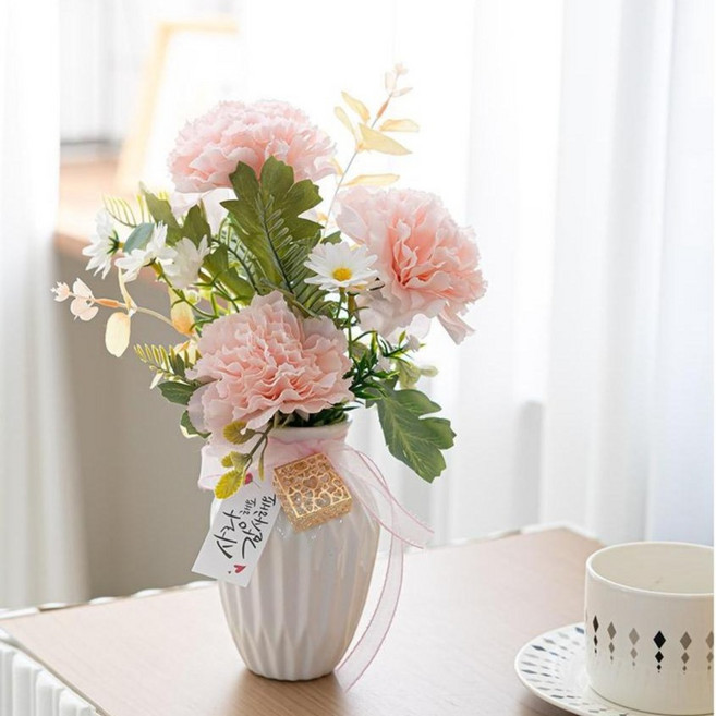 flowertree 假花像真花一樣的康乃馨母親節室內裝飾花瓶組 32cm, 1組, 粉色
