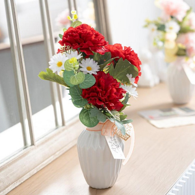 플라워트리 조화 생화같은 카네이션 어버이날 인테리어 화병 세트 32cm, 레드, 1세트