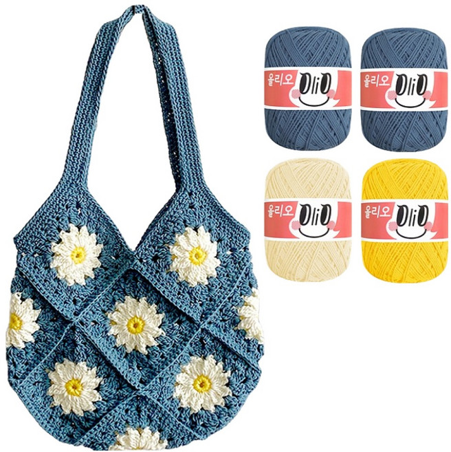 울클럽 뜨개 DIY 모티브 썸머 토트백 올리오 뜨개실 더스티데님 2p + 레몬크림 + 비비드옐로우 + 영상도안 세트, 1세트, 723 더스티데님, 700 레몬크림, 744 비비드옐로우