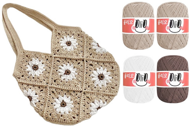 울클럽 뜨개 DIY 모티브 썸머 토트백 올리오 뜨개실 연베이지 2p + 화이트 + 밀크코코아 + 영상도안 세트, 702 연베이지, 701 화이트, 716 밀크코코아, 1세트