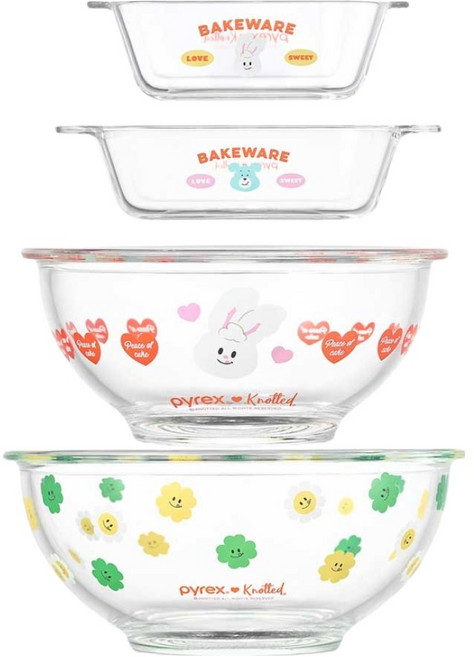 파이렉스 노티드 디쉬 직 + 정 +믹싱볼 2종 세트, 디쉬 2종 + 믹싱볼 2종, 1세트