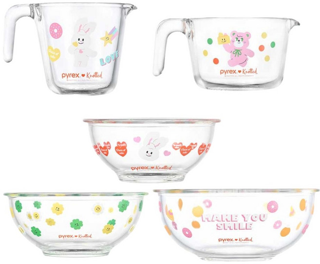 파이렉스 노티드 유리 계량컵 500ml + 1000ml + 믹싱볼 3종 세트, 투명, 1세트