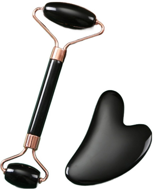 앞날창창 얼굴 바디 마사지기 롤러 + 괄사, 1세트, 블랙