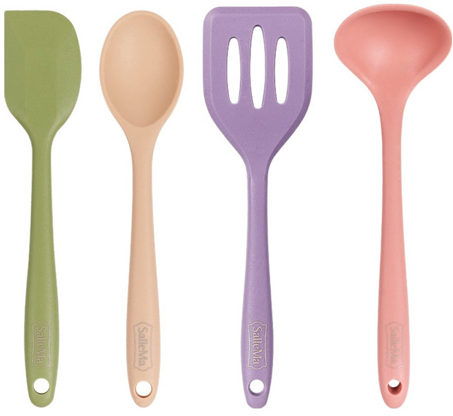 샐마 꼼디맘 실리콘 미니 조리도구 4종 세트, 올리브, 버터크림, 라벤더, 피치핑크, 1세트, 스파츄라 + 볶음스푼 + 뒤집개 + 국자