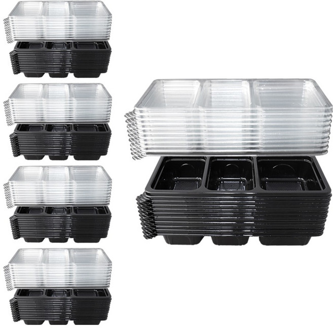 블룸엣홈 사각 3칸 찬용기 반찬용기 소스용기 블랙 50p + 뚜껑 50p 세트, 100개입, 1세트