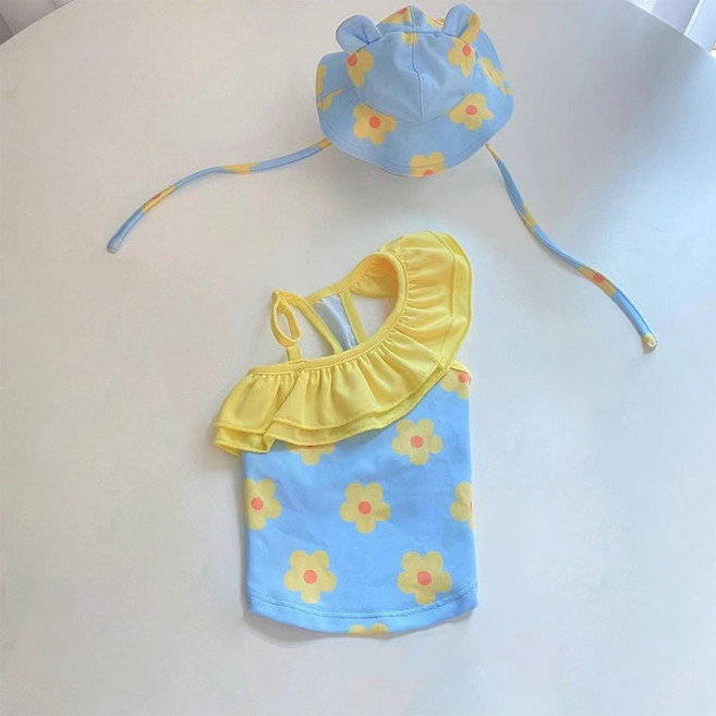 알럽펫 강아지 레이 플라워 원피스 수영복 모자 세트, 블루, 1개