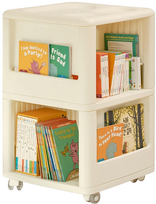 루나스토리 아동용 이동식 거실 회전책장, 크림, 2단