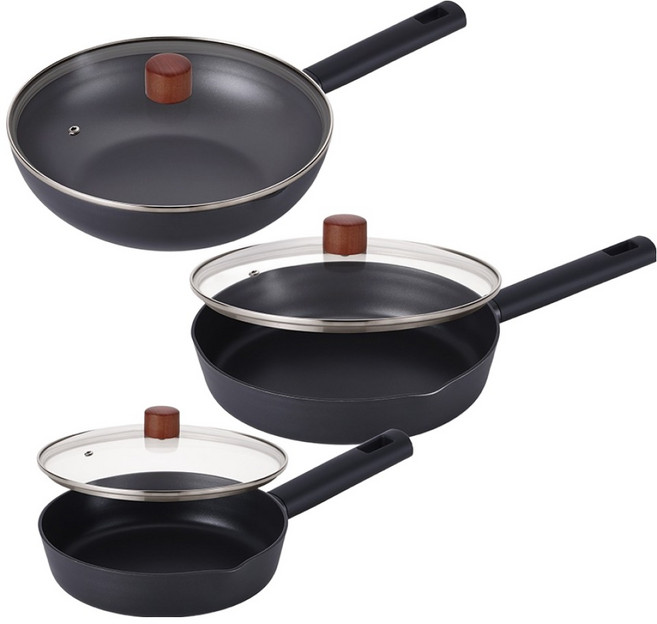 라체나 풀 인덕션 후라이팬 20cm + 26cm + 궁중팬 28cm + 유리뚜껑 3p 세트 6개, 블랙, 1세트, 팬 3종 + 뚜껑 3p