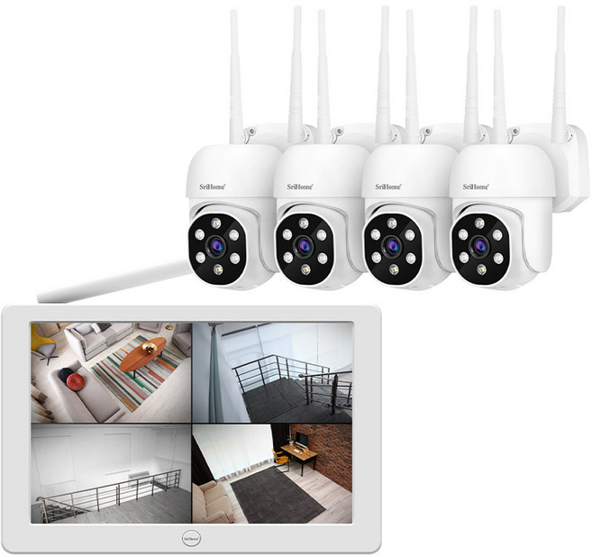 컴스 4채널 무선 녹화 NVR + 와이파이 CCTV 카메라 실내외겸용 4p 세트, SH006, 1세트