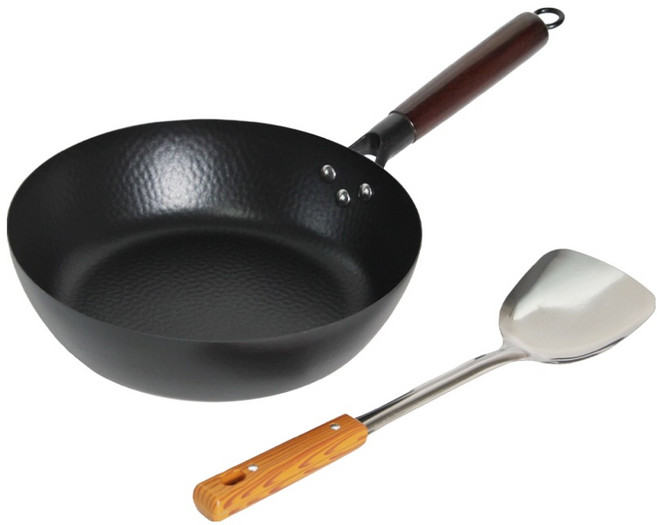 인덕션 IH 무쇠 주물 멀티팬 세트 2개, 블랙 + 우드, 1세트, 멀티팬 28cm + 스텐우드 뒤집개