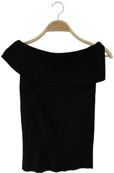 시크블랙 여성용 블마혼 린넨 골지 오프숄더 반팔 니트 cpnt5896k53