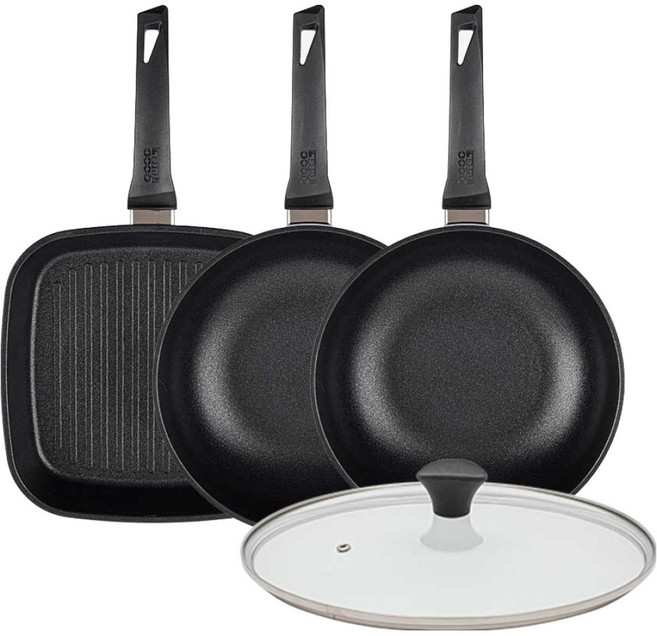 인터쿡 인덕션 후라이팬 세트 4개, 블랙, 1세트, 27cm 사각팬 + 28cm 궁중팬 + 28cm 궁중팬 + 28cm 유리뚜껑