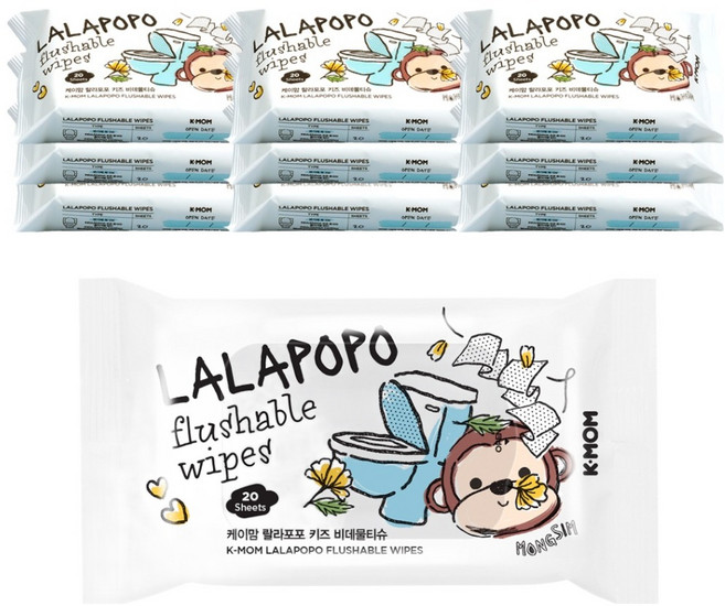 케이맘 랄라포포 키즈 비데물티슈 휴대형, 55g, 20매, 10개