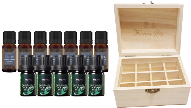 Faimon Spa 斐孟 典藏精油12件組 附原木精油收藏盒, 1組, 5ml, 有機金鑽尤加利 + 茶樹 + 甜橙 + 檸檬 + 法國薰衣草 + 羅勒 + 迷迭香 + 有機檸檬草