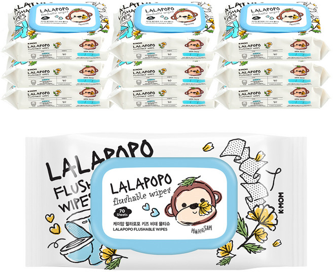 케이맘 랄라포포 키즈 비데물티슈 캡형, 55g, 70매, 10개