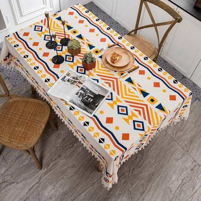 葉子小舖 波西米亞民族風棉麻流蘇免洗防水防油桌巾桌布, 白色, 200 x 140cm, 1條