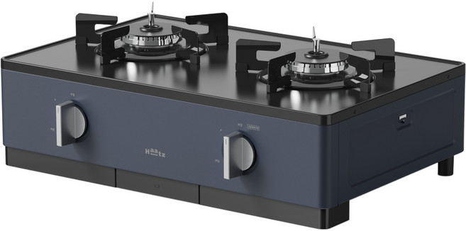 Haatz 바우형 프리스탠딩 자동불꽃조절 가스레인지 2구 쉬머네이비 고객직접설치, HFG-2382NVAF, LPG