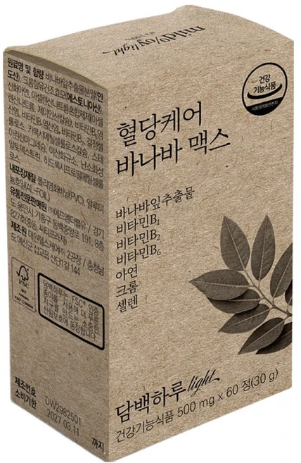 담백하루 혈당케어 바나바맥스 바나바잎 비타민B 아연 크롬 셀렌 60p, 30g, 1개 - 쿠팡