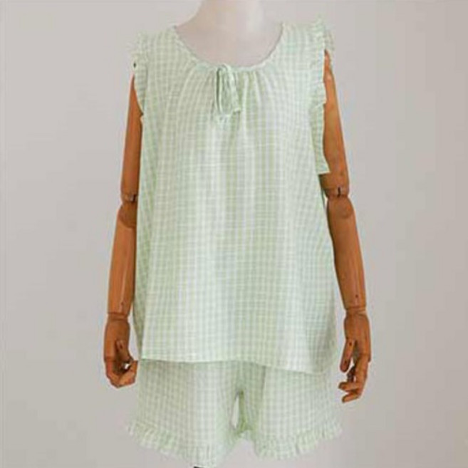 글램공감 여성용 지지미 블럭체크 여름 프릴나시 잠옷 투피스 세트 + 선물박스