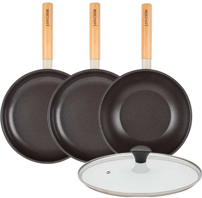 인터쿡 인덕션 포레스트 후라이팬 4종 세트, 베이지, 1세트, 후라이팬 24cm + 후라이팬 24cm + 궁중팬 24cm + 유리뚜껑