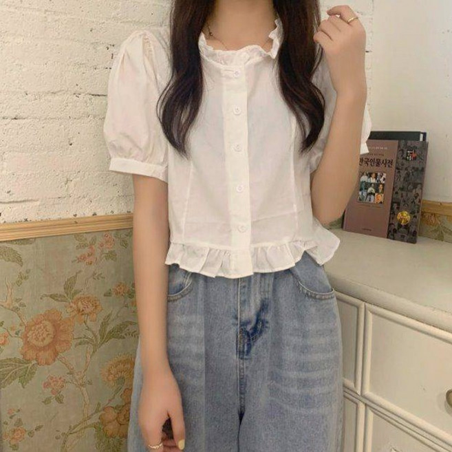 PEONIST 女款柔和甜美泡泡袖荷葉邊短袖襯衫