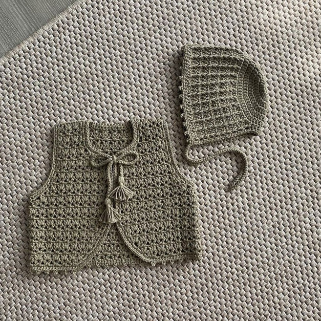 태교키트 DIY 코바늘 패키지 아기조끼 + 보넷 뜨개질 세트, 1세트, 유칼립투스