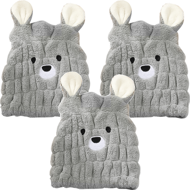 小麥購物 動物乾髮帽 Y577 59g, 灰色熊熊, 3個