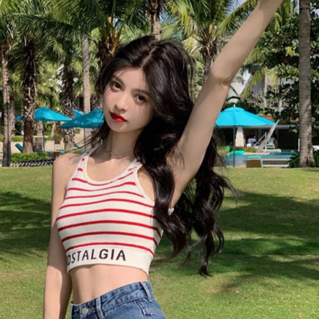 피어니스트 여성용 레터링 스트라이프 크롭 나시 티셔츠