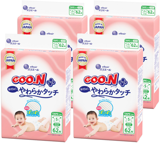 GOO.N 大王 日本境內版 SJ柔觸肌系列 黏貼型尿布 4~8kg, S, 248片