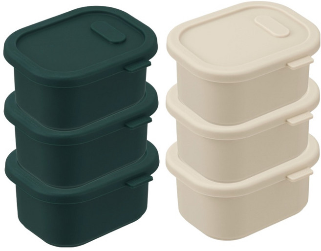 디아르 플래티넘 실리콘 돌체 밀폐 냉동밥 보관용기 2종 x 3p 세트, 1세트, 밀폐용기 다크그린 200ml x 3p + 아이보리 200ml x 3p