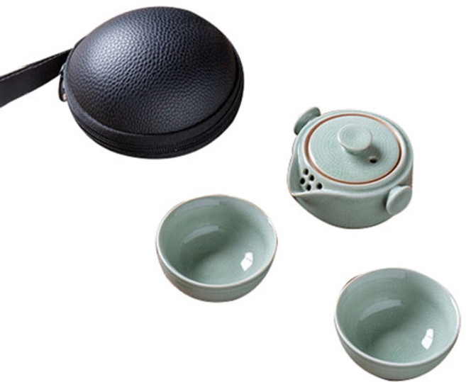 오후반차 컴팩트 휴대용 다도 도자기 세트, 1세트, teapot + teacup 2p + minibag, lightblue
