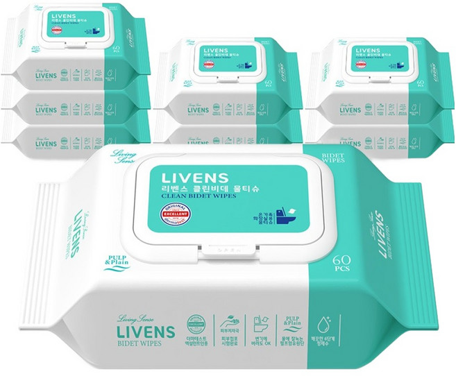 LIVENS 柔軟清潔浴室免治馬桶紙巾 蓋型, 55g, 60張, 8個