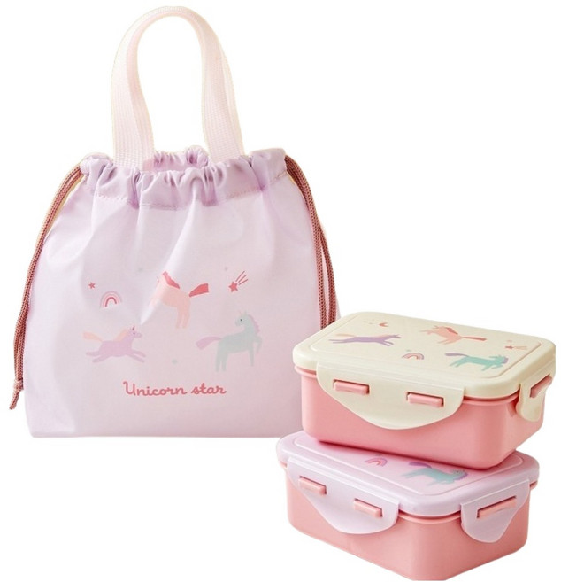 모던하우스 아동용 분리형 플라스틱 도시락 600ml x 2종 + 폴리가방 세트, 유니콘매직, 1세트