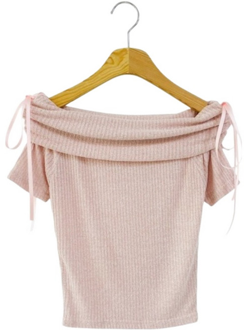 시크블랙 여성용 반다룬 리본 스트랩 오프숄더 부클 반팔 니트 cpnt5903k54