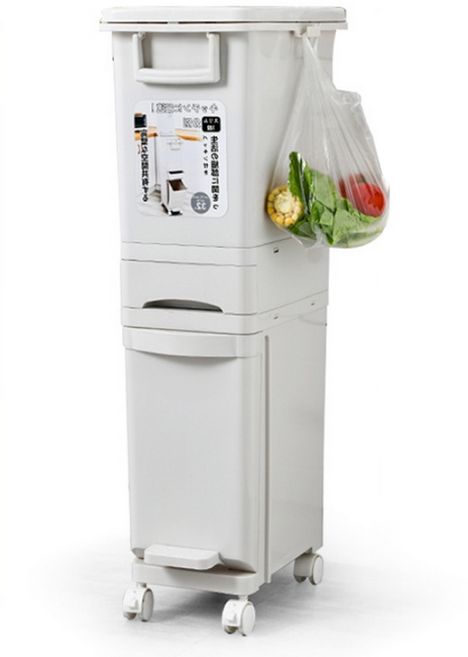 夾縫3層分類垃圾桶 32L, 白色