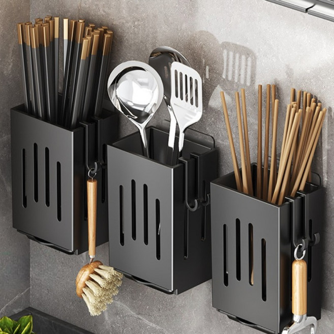 그뤠잇라이프 무타공 벽걸이 수저통, 블랙, 3개