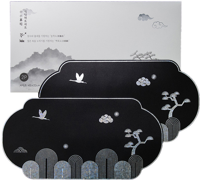소소모소 기원 자개문양 가죽 테이블매트 2p 선물세트 천년학, 블랙, 1세트, 43 x 22 cm