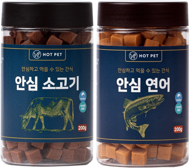 핫펫 강아지 안심 져키 간식 2종 세트, 소고기 + 연어, 1세트