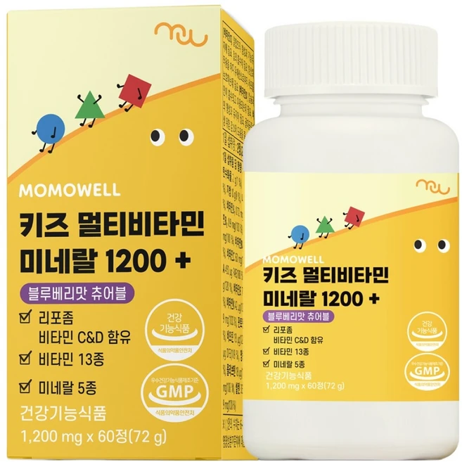 모모웰 키즈 멀티비타민 미네랄 1200+ 블루베리맛 츄어블 72g, 1개, 60정 - 쿠팡