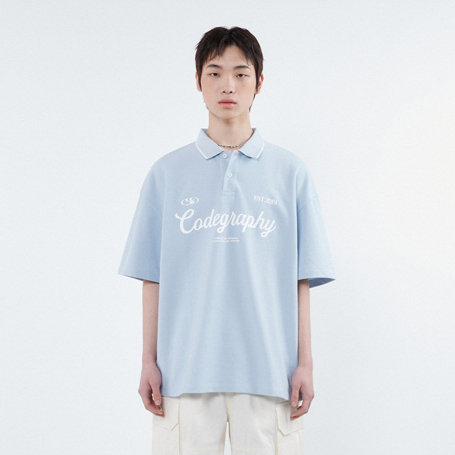 Codegraphy C GRAPHY 翻領短袖T恤, 天藍色