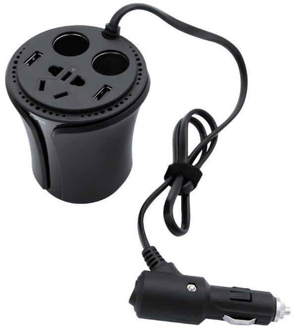 컴스 차량용 멀티 시가잭 인버터 120W USB 2포트 해외용 AC 소켓 컵홀더형 충전기 WK362, 1개, 3구