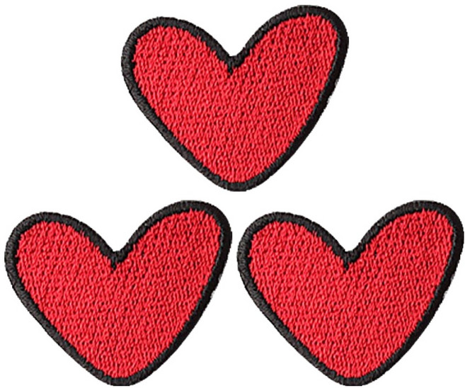 동대문단추왕 열접착식 미니 자수 납작이하트 소 와펜 패치, 레드 + 블랙, 3개