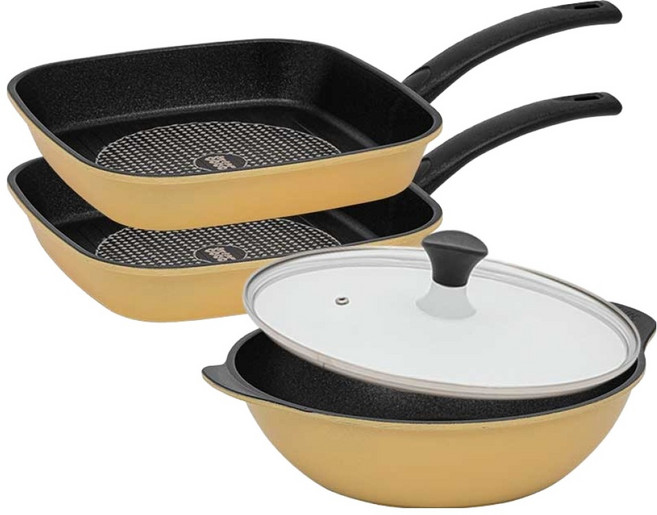 인터쿡 다이아 프라이팬세트 3개, 사각팬 27cm(2P) + 파티웍 28cm(1P) + 유리뚜껑 28cm(1P), 1세트, 옐로우