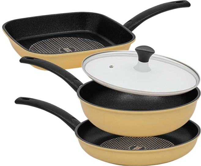 인터쿡 다이아 프라이팬세트 3개, 사각팬 27cm + 프라이팬 28cm + 궁중팬 28cm + 유리뚜껑 28cm, 1세트, 옐로우