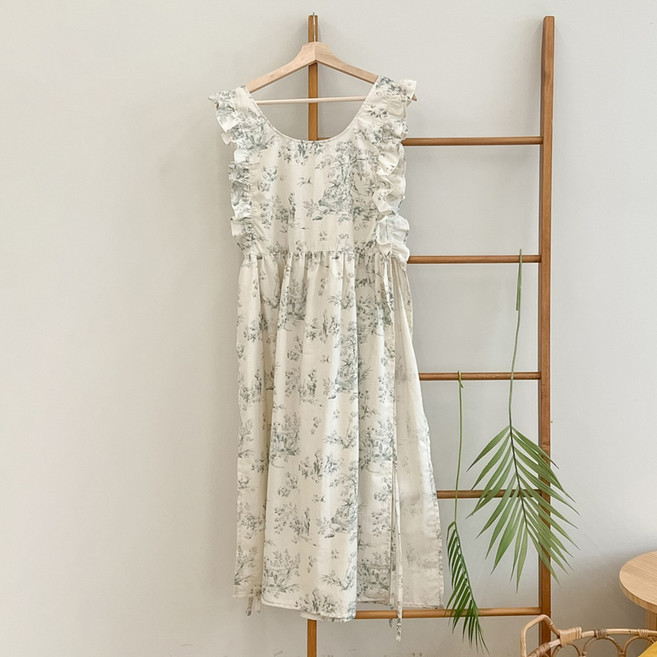 뜨왈 내추럴 광목 옆트임 프릴 원피스 앞치마, 그린, 1개