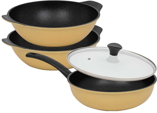 인터쿡 다이아 프라이팬세트 3개, 궁중팬 28cm(1P) + 파티웍 28cm(2P)+ 유리뚜껑 28cm(1P), 1세트, 옐로우