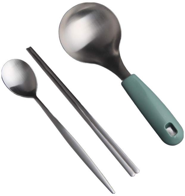 인스푼 국산 304 스텐 서빙 앞접시 요리국자 + 숟가락 + 젓가락 세트, 민트그린, 1세트